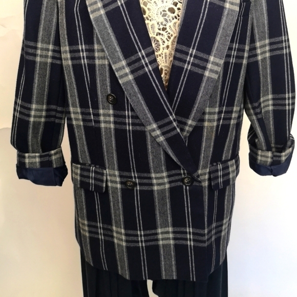 80s vintage window pane plaid oversized double-breasted NAVY/WHITE wool jacket - Picture 5 of 15